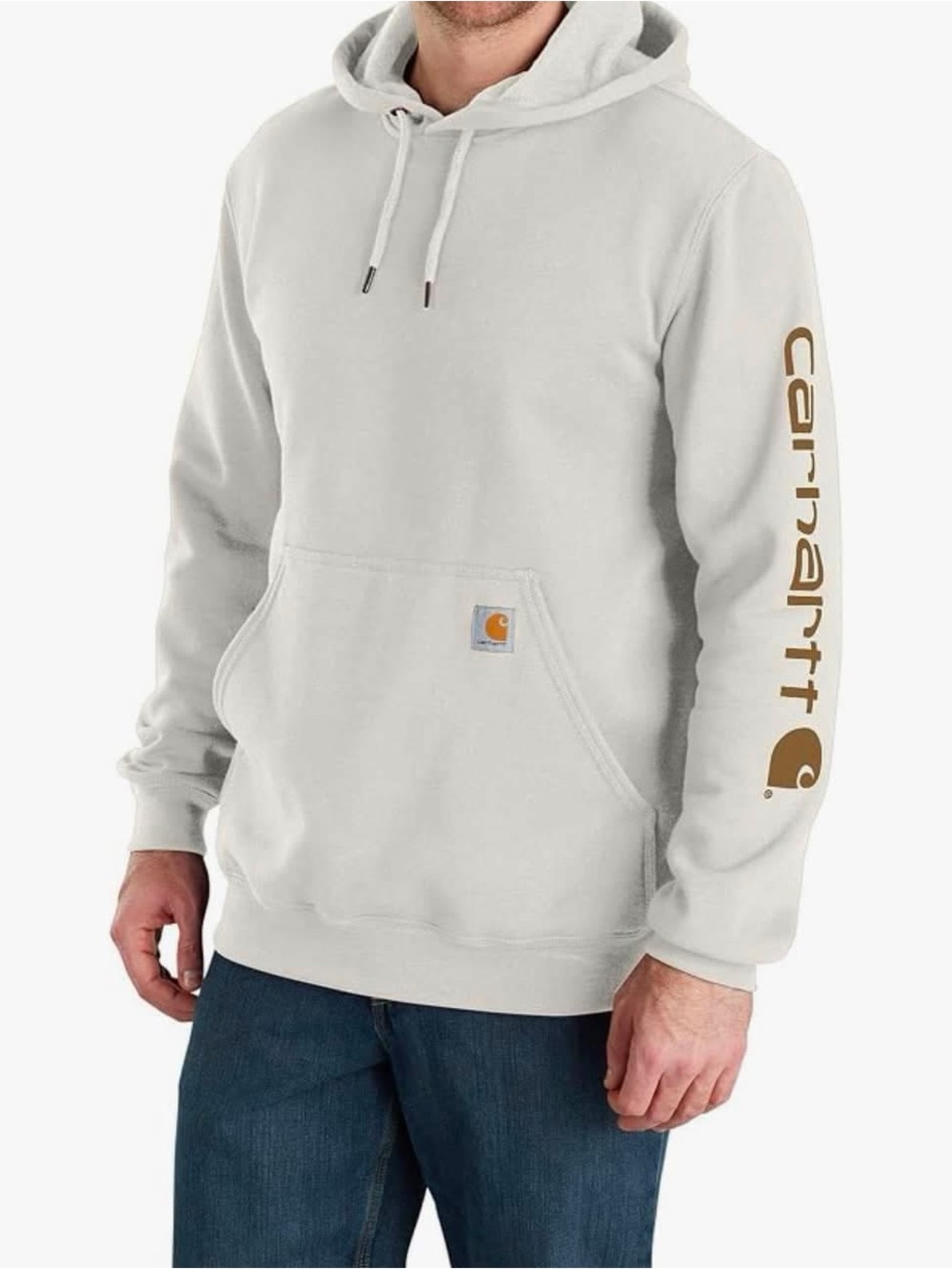 Carhartt Men's Cream Crewneck Hoodie with Gold Logo Sleeve